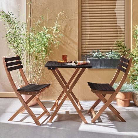Table de jardin bistrot en bois 60x60cm - Barcelona Bois / Noir -  pliante bicolore carrée en acacia avec 2 chaises pliables