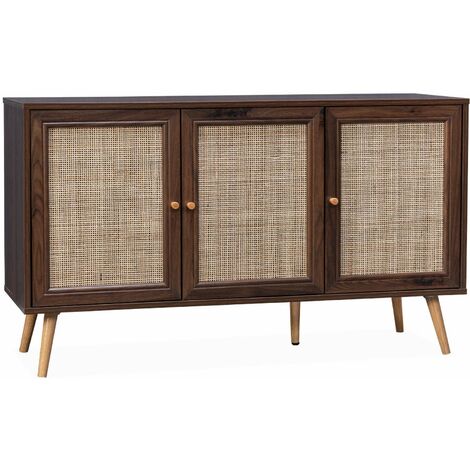 Buffet de rangement en cannage 120x39x70cm  - Bohème - 2 niveaux. 3 portes. pieds scandinaves. buffet bas