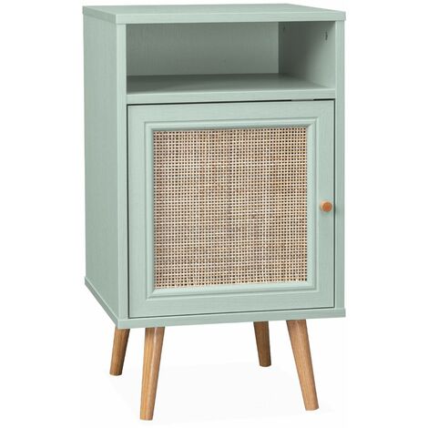 Table de chevet en cannage - Bohème - 40x39x70cm coloris vert céladon - 2 niveaux - 1 porte - 1 espace de rangement - pieds scandinaves