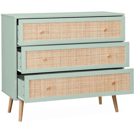 Commode en décor bois vert céladon et cannage 90x39x79cm - Bohème - 3 tiroirs