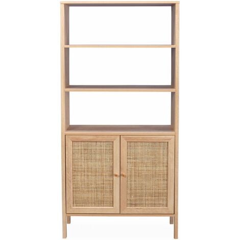 Bibliothèque effet bois et cannage - Bohème - 4 niveaux. 2 portes. 5 étagères