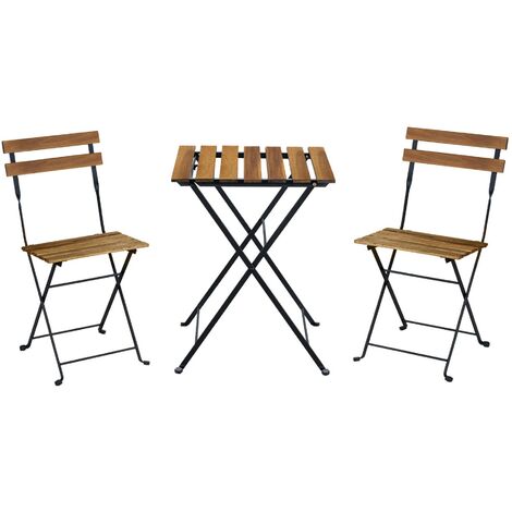 Table de jardin bistrot en bois d'acacia et métal. 55 x 54 cm. 2 chaises pliantes
