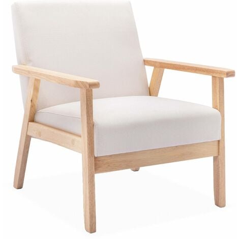Fauteuil scandinave en bois et tissu crème. Isak. L 64 x P 69.5 x H 73cm