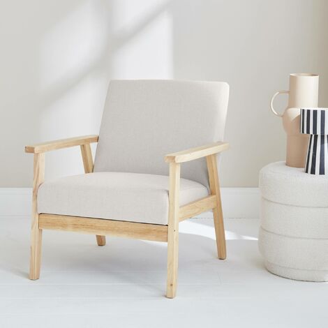 Fauteuil scandinave en bois et tissu crème. Isak. L 64 x P 69.5 x H 73cm
