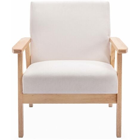 Fauteuil scandinave en bois et tissu crème. Isak. L 64 x P 69.5 x H 73cm