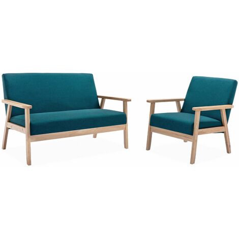 Banquette et fauteuil 3 places en bois et tissu. Isak. L 114 x P 69.5 x H 73cm Polyester Bleu pétrole (1/5)