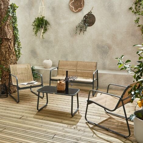 Salon de jardin 2 fauteuils ronds et table basse gris clair ACAPULCO