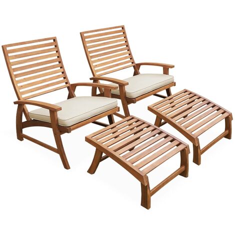 Lot de 2 chaises relax avec repose pieds en bois d'acacia . Puebla Teck / Beige