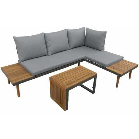 Salon de jardin anthracite et gris  modulable en aluminium et bois d'acacia. 4 places. Sao Paulo. 140 x 68 x 65cm