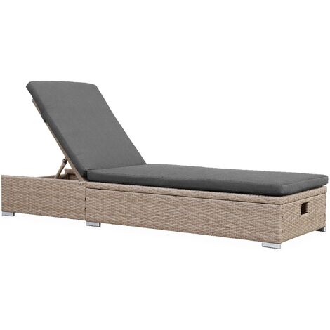 Bain de soleil. résine tressée. coussins polyester gris. multi-position. Olbia L195 x P65 x H32/97cm
