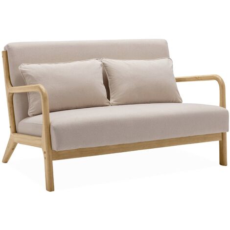 Banquette 2 places scandinave en bois et tissu beige. Lorens. L 124 x P 83 x H 77cm cm (1/5)