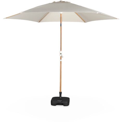 Parasol droit rond sable Ø293cm mât central en aluminium imitation bois. orientable et manivelle d'ouverture
