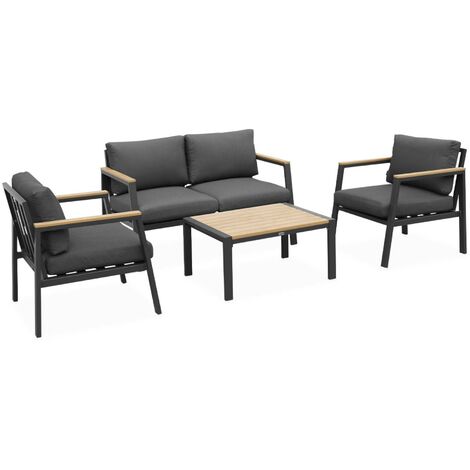 Salon de jardin Casoria. aluminium et polywood 4 places. 1 canapé. 2 fauteuils. 1 table basse Anthracite / Gris foncé