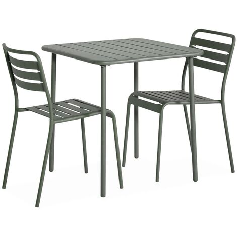 Table de jardin métal kaki Amélia avec 2 chaises. lattes et bords arrondis. traitement antirouille (1/5)