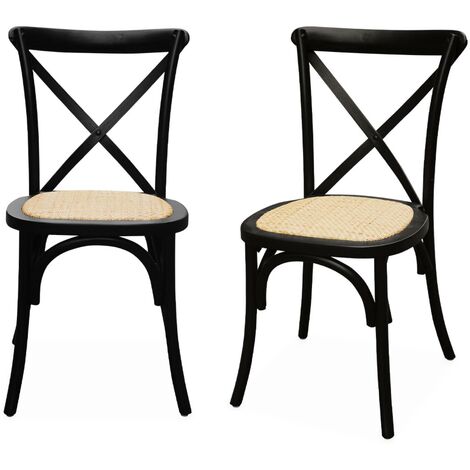 Lot de 2 chaises de bistrot en bois d'hévéa noir. vintage. assise en rotin. empilables (1/5)