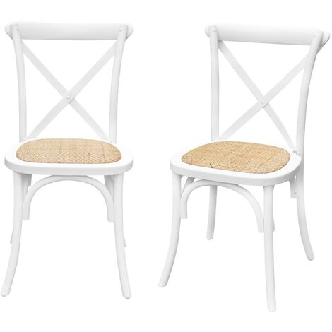 Lot de 2 chaises de bistrot en bois d'hévéa blanc. vintage. assise en rotin. empilables (1/5)