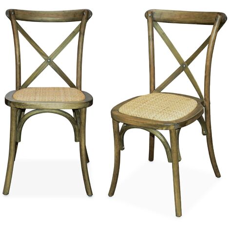 Lot de 2 chaises de bistrot en bois d'hévéa marron vieilli. vintage. assise en rotin. empilables (1/5)