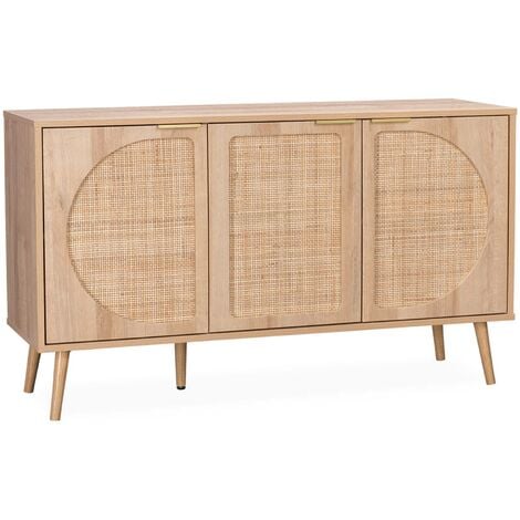 Buffet de rangement. Eva. cannage arrondis et décor bois. trois portes. deux niveaux . buffet bas. L 120 x l39 x H70cm