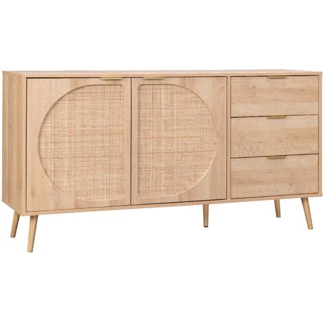 Buffet de rangement. Eva. décor bois et cannage arrondi. 2 portes 3 tiroirs. buffet bas. L 150 x l 39 x H 79cm