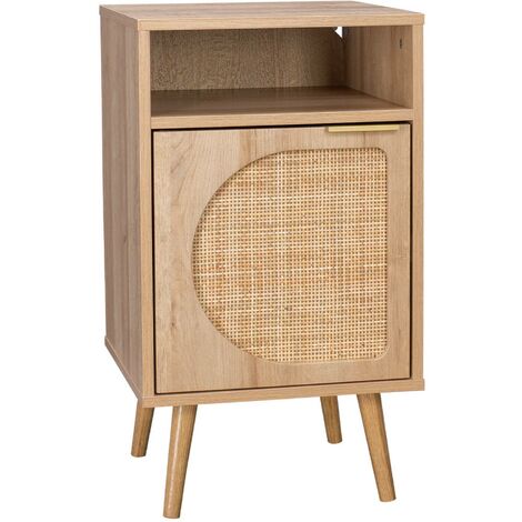 Table de chevet. Eva. décor bois et cannage arrondi. une porte. un espace de rangement. L40 x l39 x H65.8cm