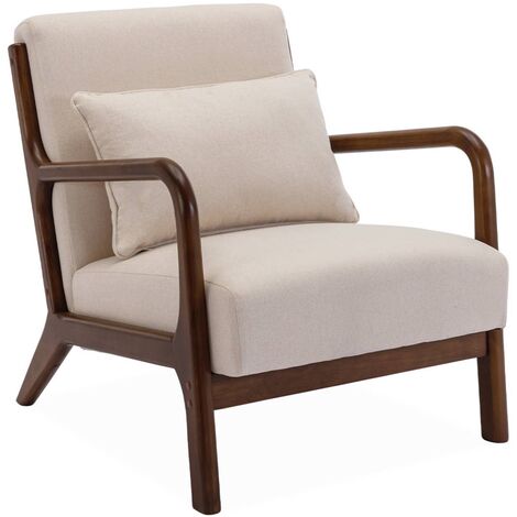 Fauteuil tissu beige . pieds bois d'hévéa teinté noyer. 1 place droit fixe. pieds compas scandinave. structure en bois solide