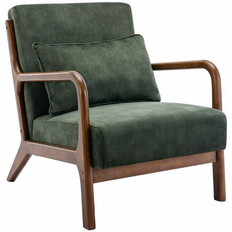 Fauteuil en velours kaki foncé. pieds bois d'hévéa teinté noyer clair. 1 place droit fixe. pieds compas scandinave