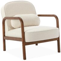 Fauteuil scandinave bois d'hévéa finition noyer clair et dossier arrondi en bouclette blanche - AMELIE