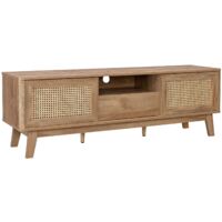 Meuble TV portes coulissantes. casier fermé. étagère effet bois et cannage 150cm