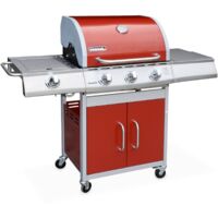 Barbecue gaz inox 14kW - Richelieu Rouge - Barbecue 4 brûleurs dont 1 feu latéral, côté grill et côté plancha - Rouge