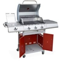 Barbecue gaz inox 14kW - Richelieu Rouge - Barbecue 4 brûleurs dont 1 feu latéral, côté grill et côté plancha - Rouge