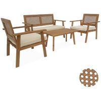 Salon de jardin en bois et cannage canapé 2 places. 2 fauteuils. 1 table basse - Bohémia 117x64x74 cm Cannage rond / Bois couleur teck