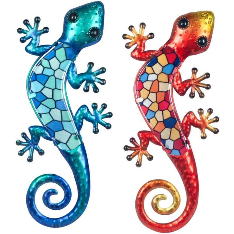 Lot De 2 Décorations Murales Gecko En Métal Vert - Sculpture Intérieur Extérieur