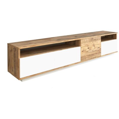 Cotecosy – Meuble TV moderne en aggloméré mélaminé 180x44,5x44,6 cm – 4 portes battantes – Compatible équipements multimédias – Coloris pin atlantique et blanc (1/10)