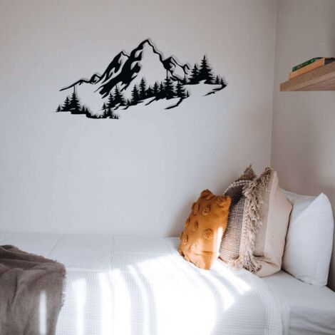 Décoration Murale Métal Silhouette Montagnes - Noir Brillant - 100x38 Cm - Pour Intérieur Et Extérieur - Fabriqué En France