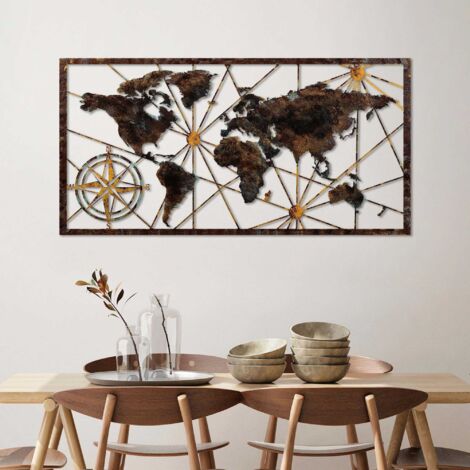 Décoration murale en bois et métal World Map