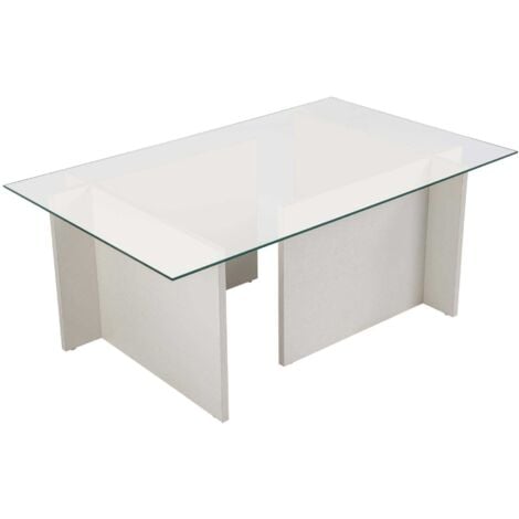 Table Basse Verre Fixe Gigogne Rectangulaire Bois en Blanc 105x65x40 cm Pour Salon ou Bureau