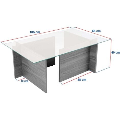 Table Basse Verre Fixe Gigogne Rectangulaire Bois en Blanc 105x65x40 cm Pour Salon ou Bureau