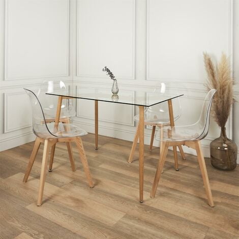 Table repas en verre pieds effet bois 115 cm