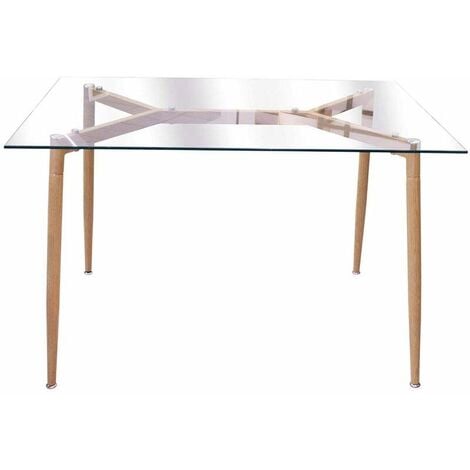 Table repas en verre pieds effet bois 115 cm