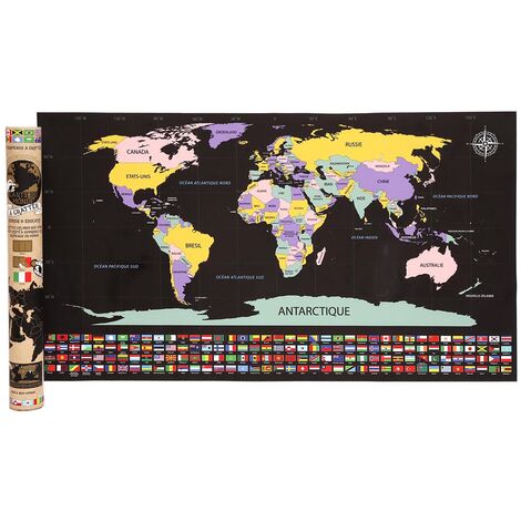 Poster à gratter carte du monde 45x80 cm – Papier – Décoration originale pour intérieur – Apprenez les drapeaux du monde – SIL