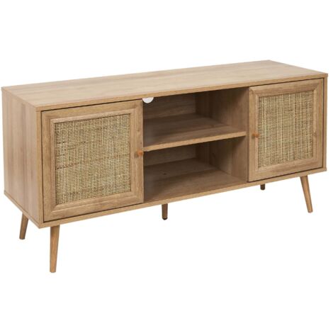 The Home Deco Factory – Meuble TV en bois contreplaqué et cannage – 2 portes – Dimensions 115 x 39 x 56,5 cm – Trous passe câbles à l'arrière (1/8)