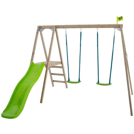 Tp Toys – Portique en bois de pin sylvestre avec 2 balançoires et glissière 1.83m – Hauteur 208cm – Poids max 200kg – Pour enfants à partir de 3 ans (1/8)