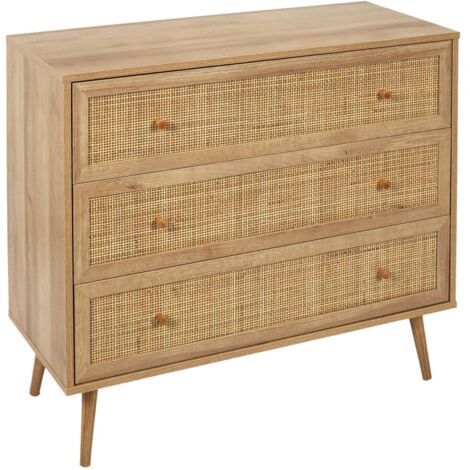 The Home Deco Factory – Commode en bois contreplaqué et rotin 3 tiroirs – Dimensions 90x39x79 cm – Meuble moderne pour chambre ou entrée