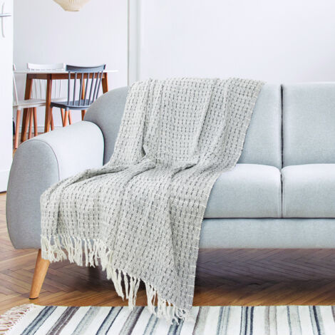 Les Tendances – Plaid ethnique 100% coton pointillé 120 x 150 cm – Motifs uniques écru et noir – Accessoire décoratif et pratique pour intérieur