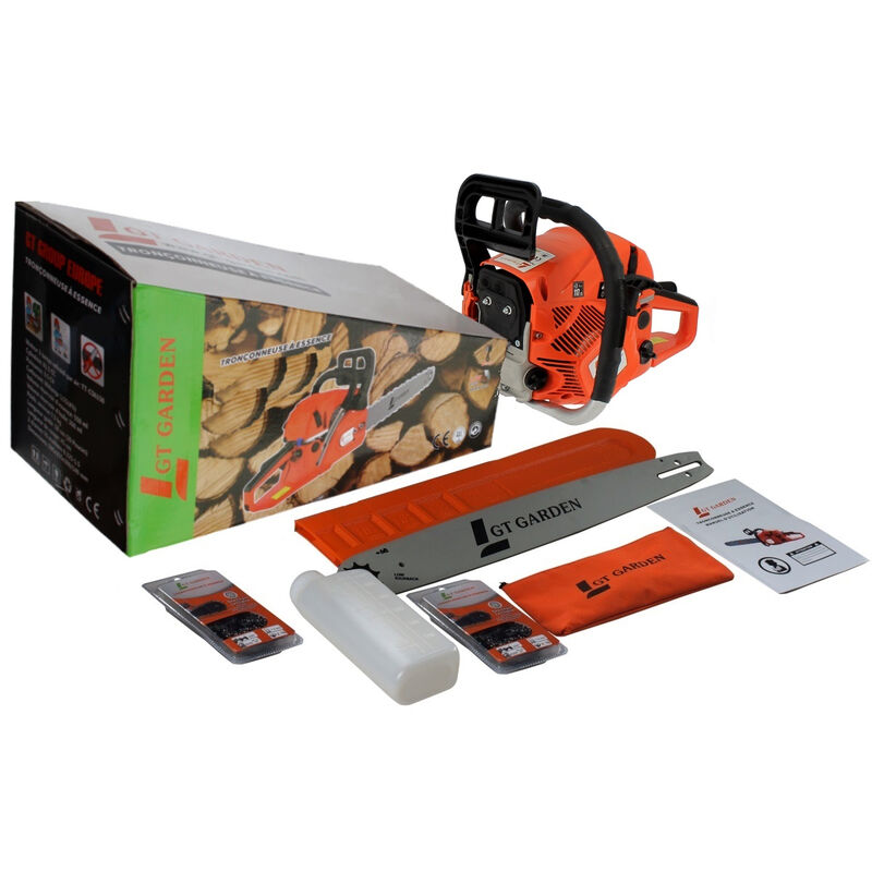 GT Garden Tronçonneuse Thermique 62 cm3, 3.5 CV, Guide 55 cm, 2 chaînes