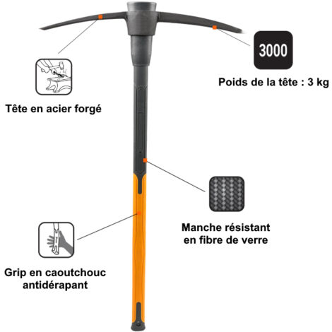 Pioche Ergonomique Alyco 650 G – Manche Fibre De Verre, Tête Acier Forgé, Idéale Démolition Et Travaux