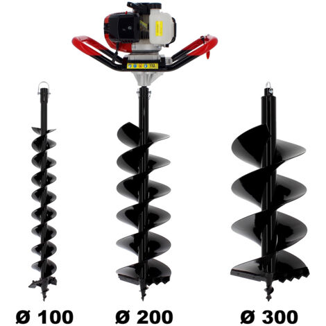 Tarière thermique 62 cm³ – Moteur 2 temps – Vitesse de forage ajustable – Lot de 3 mèches 100/200/300 mm pour sols durs – Suricut