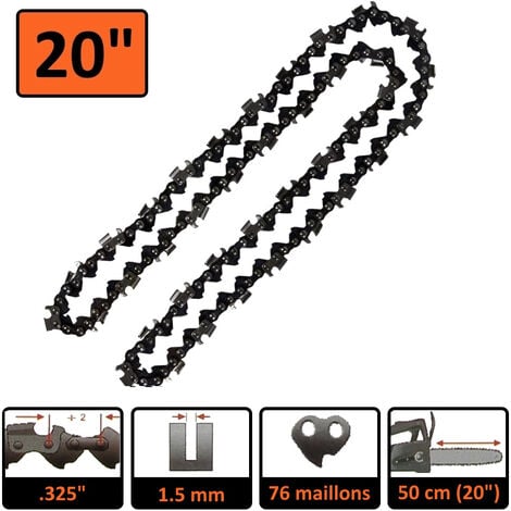 Kit Chaine Guide 50 cm, 20 pouces + 2 chaines 76 maillons pour tronçonneuse