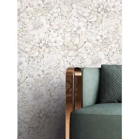 in für Vlies in Vliestapete Moderne Florale Weiß und schwedische Blumentapete Grau | mit Muster Tapete Blumen Schlafzimmer | Wohnzimmer Leinenoptik