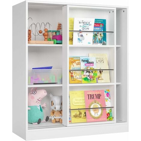 Homfa Children Bookcase Kids Storage, Shallow Bookcase With Sliding Doors